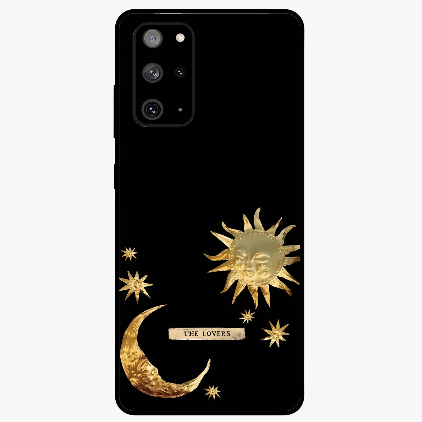 Golden Celestial Charm Glass Case showing flat back view with golden celestial charm artwork and glossy glass finish.