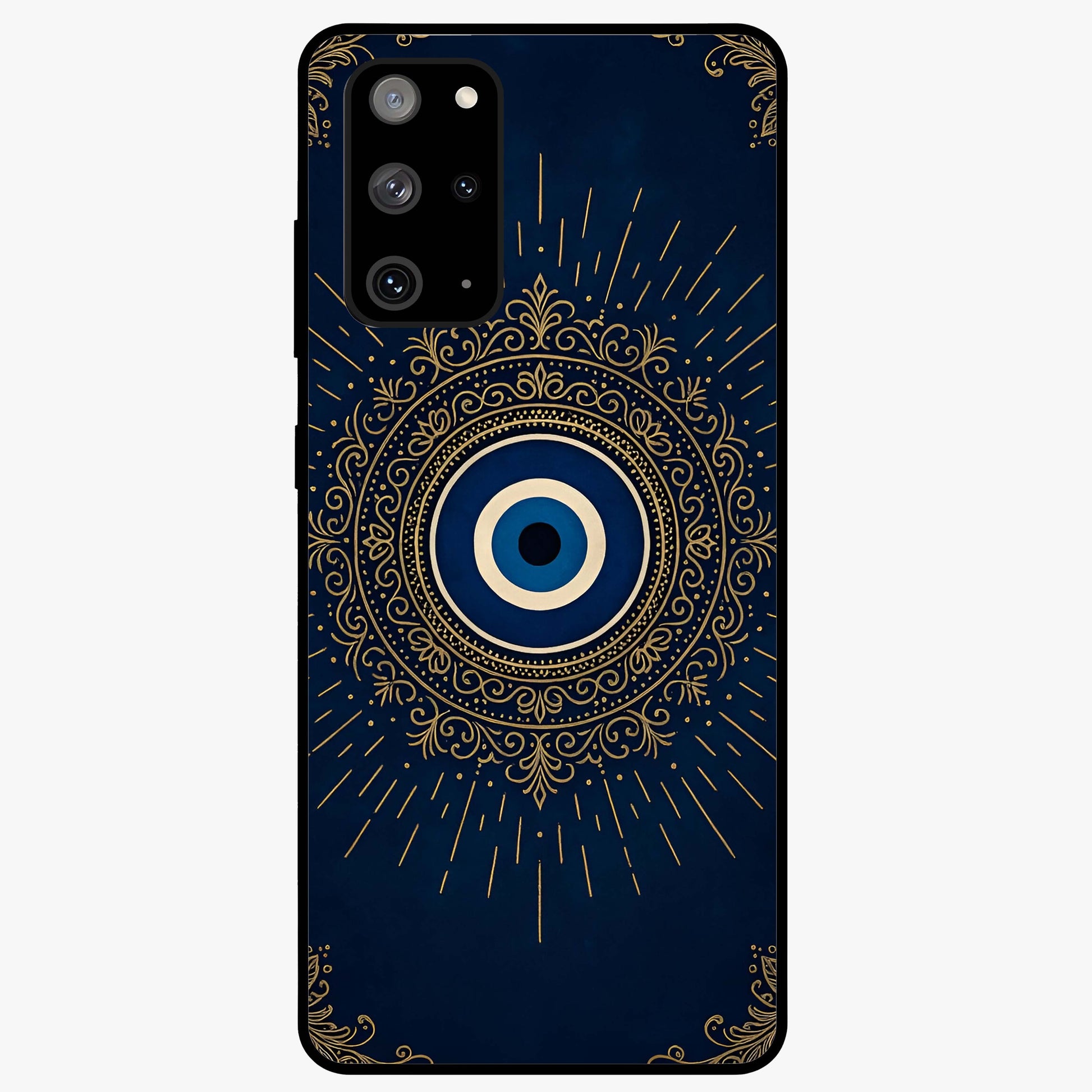 Golden Evil Eye Mandala Glass Case showing flat back view with intricate evil eye mandala artwork and glossy glass finish.