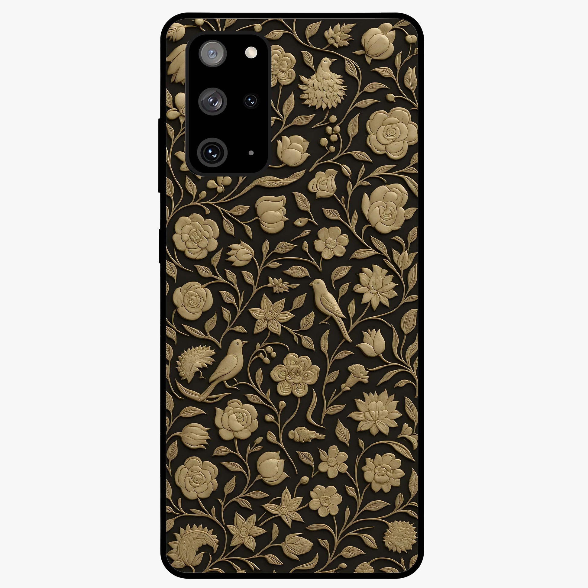 Golden Floral Majesty Glass Case showing flat back view with luxurious golden floral artwork and glossy glass finish.
