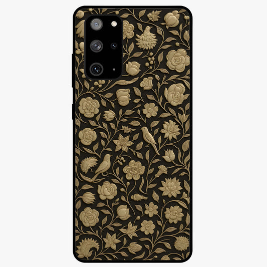 Golden Floral Majesty Glass Case showing flat back view with luxurious golden floral artwork and glossy glass finish.