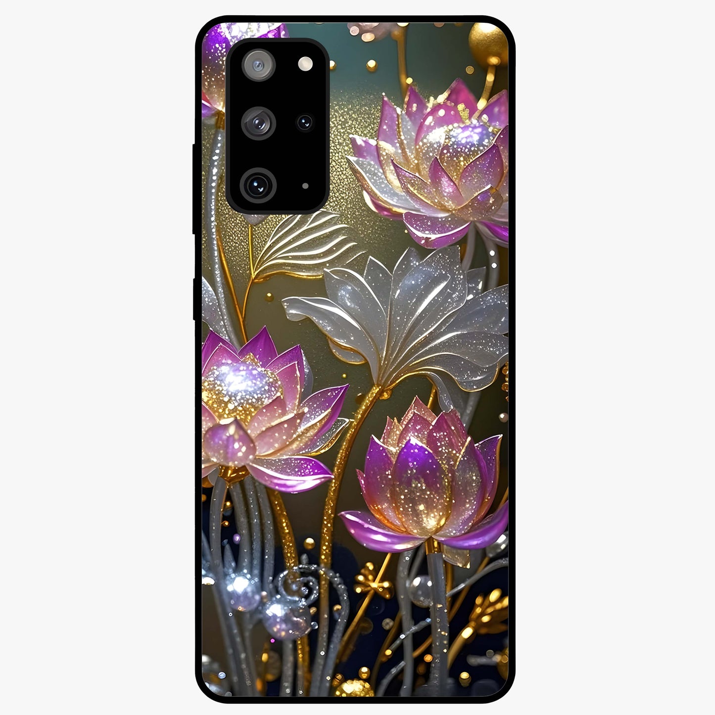 Golden Lotus Glow Glass Case showing flat back view with glowing lotus flower artwork and glossy glass finish.
