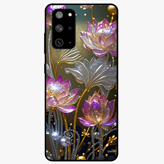 Golden Lotus Glow Glass Case showing flat back view with glowing lotus flower artwork and glossy glass finish.