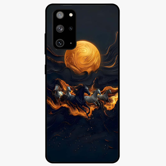 Golden Stallion Moonride Glass Case showing flat back view with majestic horse under moonlight artwork and glossy glass finish.