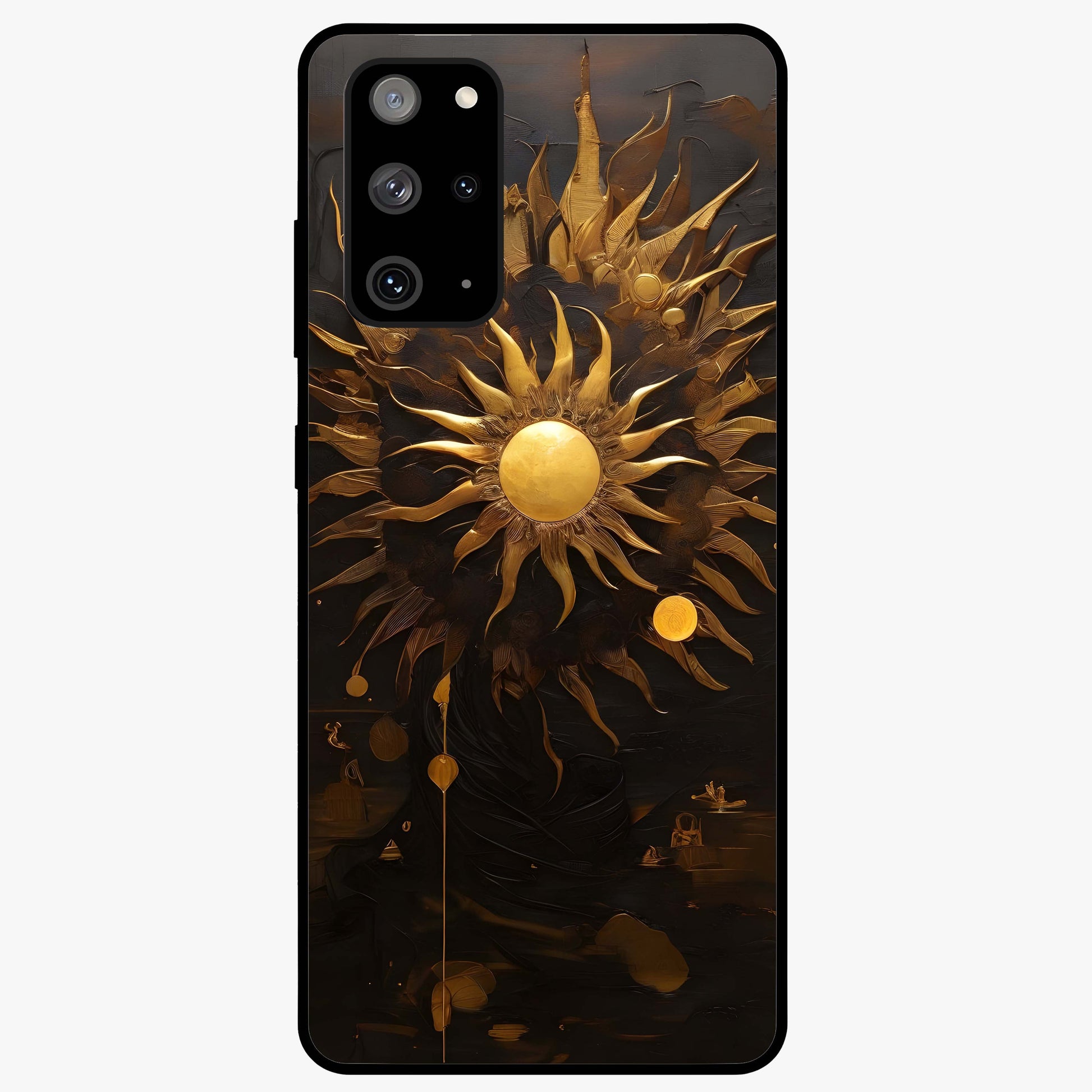 Golden Sun Majesty Glass Case showing flat back view with radiant golden sun artwork and glossy glass finish.