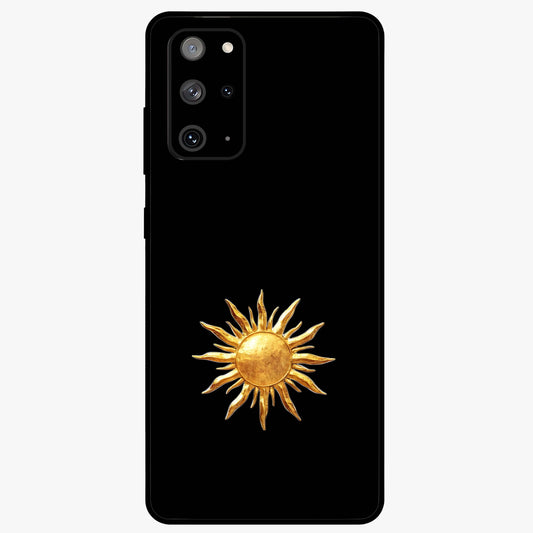 Golden Sun Minimalism Glass Case showing flat back view with minimal golden sun artwork and glossy glass finish.