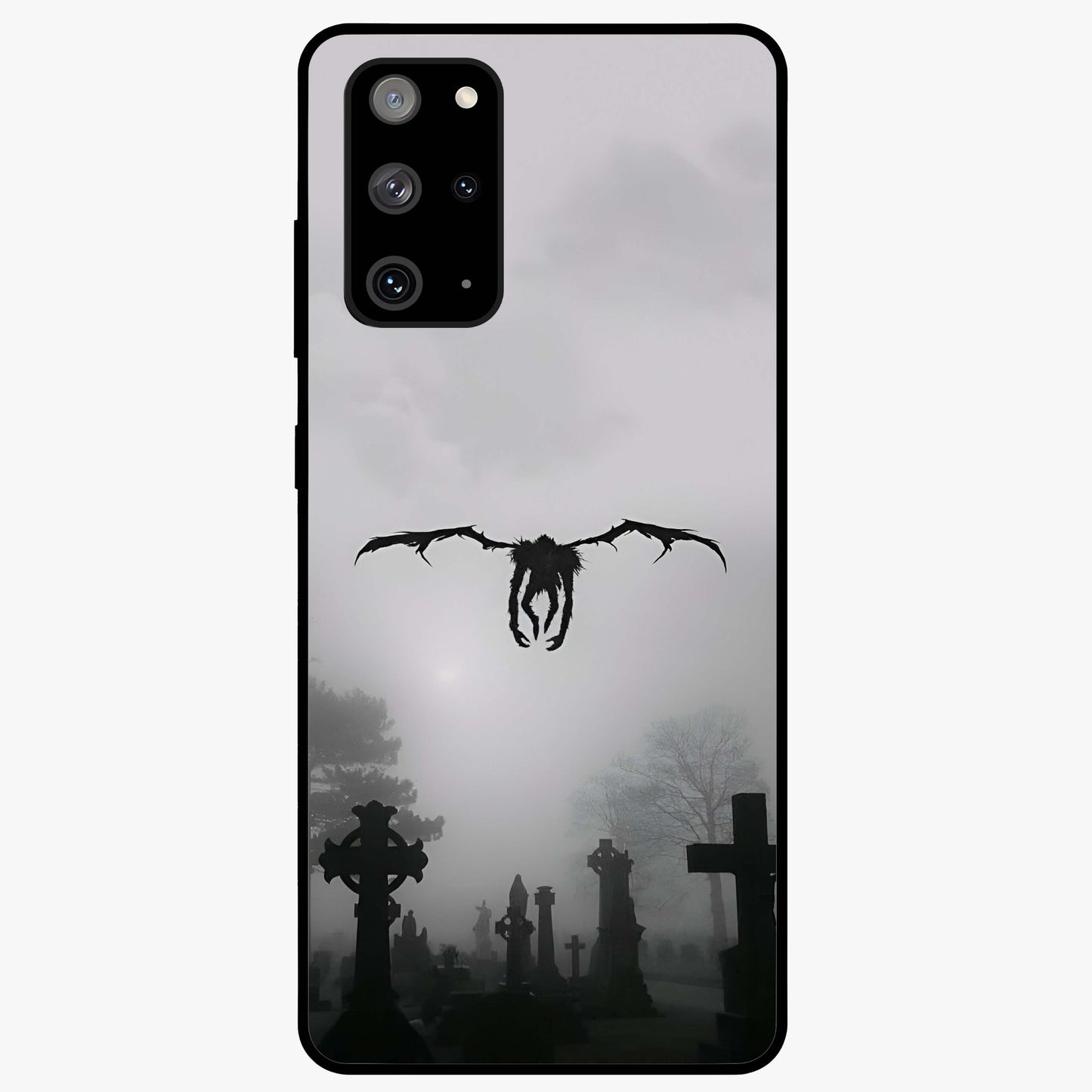 Graveyard Shadow Descent Glass Case showing flat back view with dark graveyard themed artwork and glossy glass finish.