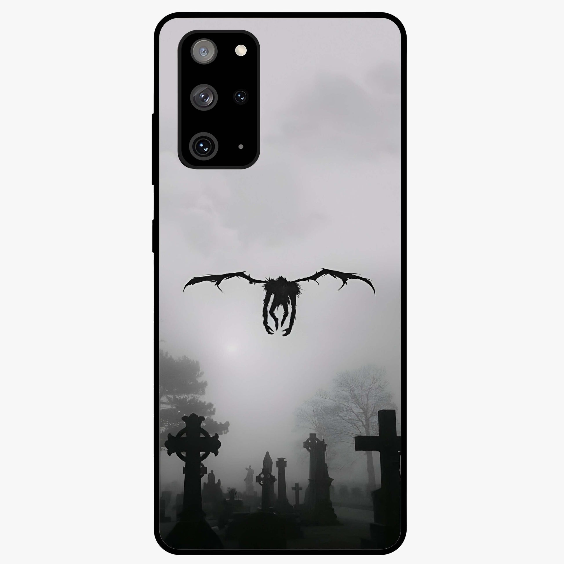 Graveyard Shadow Descent Glass Case showing flat back view with dark graveyard themed artwork and glossy glass finish.