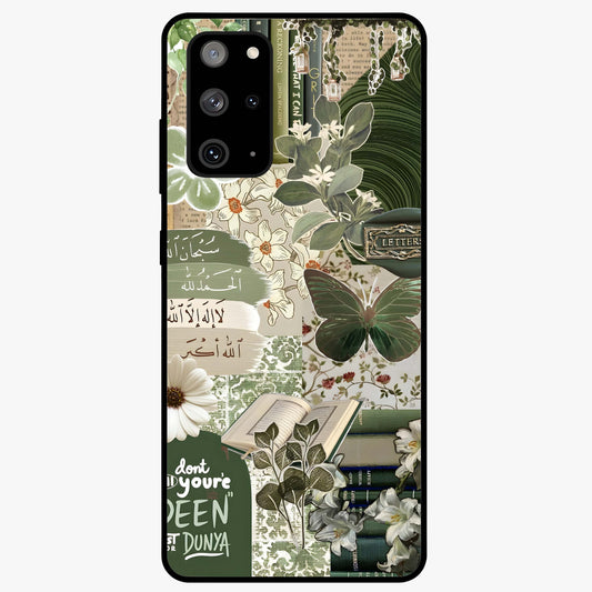 Green Islamic Books Quotes Glass Case showing flat back view with Islamic quotes and book themed artwork and glossy glass finish.