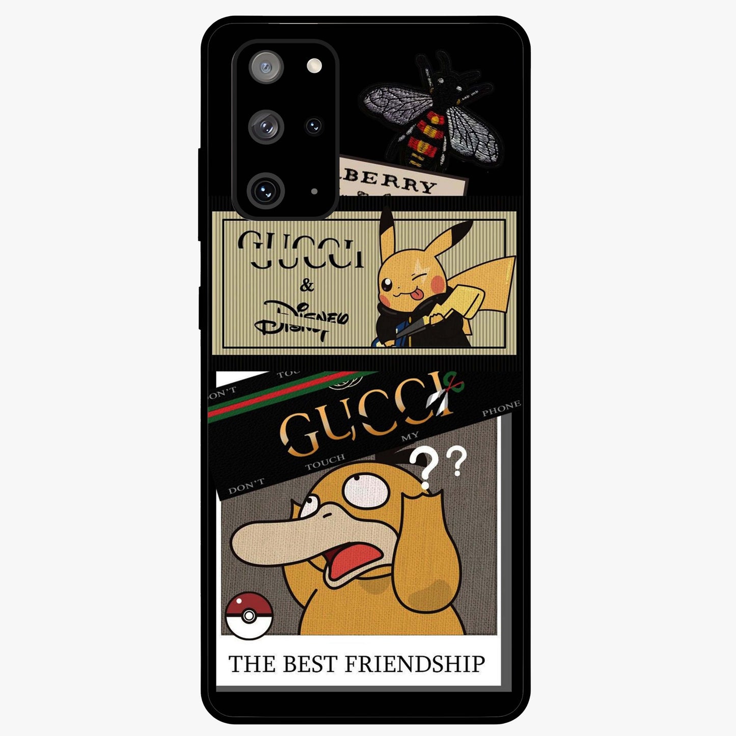 Gucci Play Mashup Glass Case showing flat back view with luxury inspired graphic artwork and glossy glass finish.
