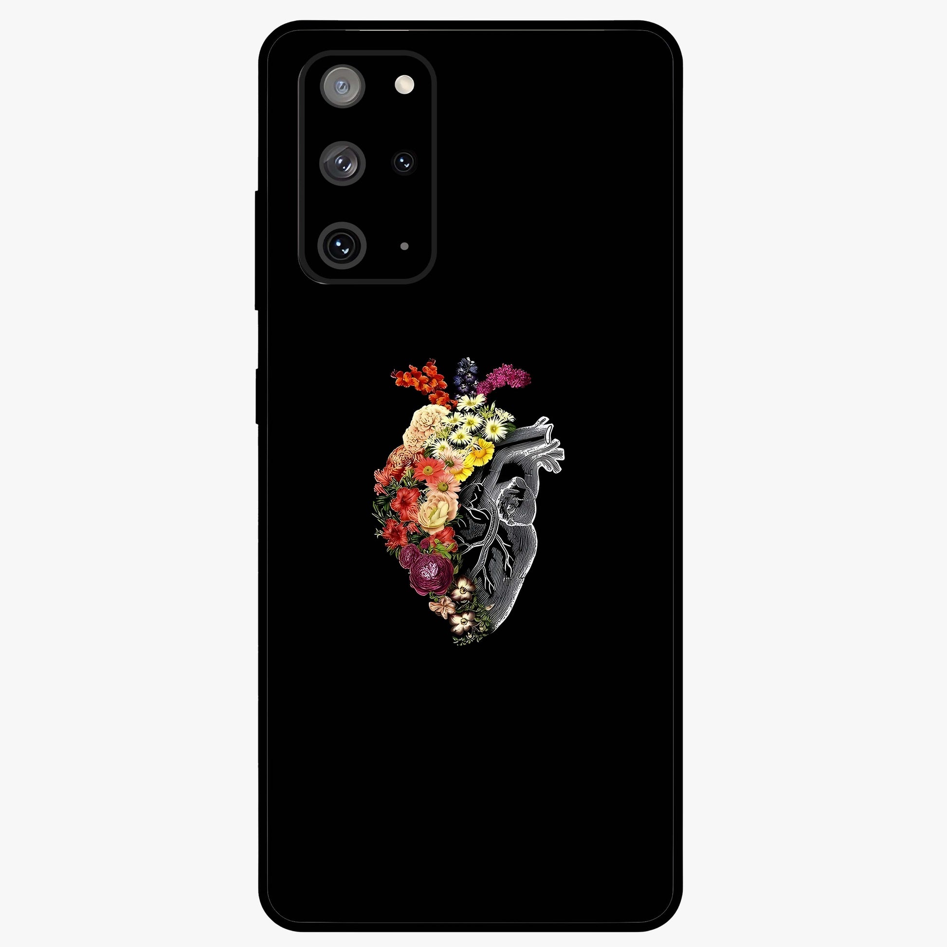 Heart With Flowers Glass Case showing flat back view with heart shaped floral artwork and glossy glass finish.