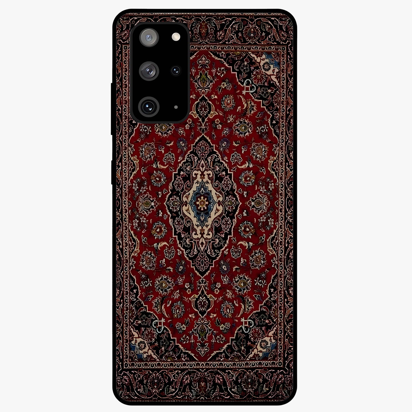 Heritage Carpet Royale Glass Case showing flat back view with ornate Persian carpet inspired pattern and glossy glass finish.