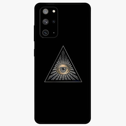 Illuminati Evil Glass Case showing flat back view with mysterious illuminati symbol artwork and glossy glass finish.