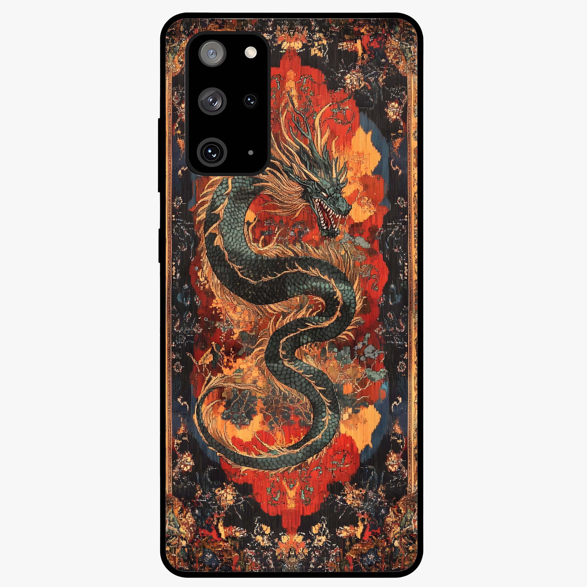 Inferno Dragon Soul Glass Case showing flat back view with fiery dragon artwork and glossy glass finish.