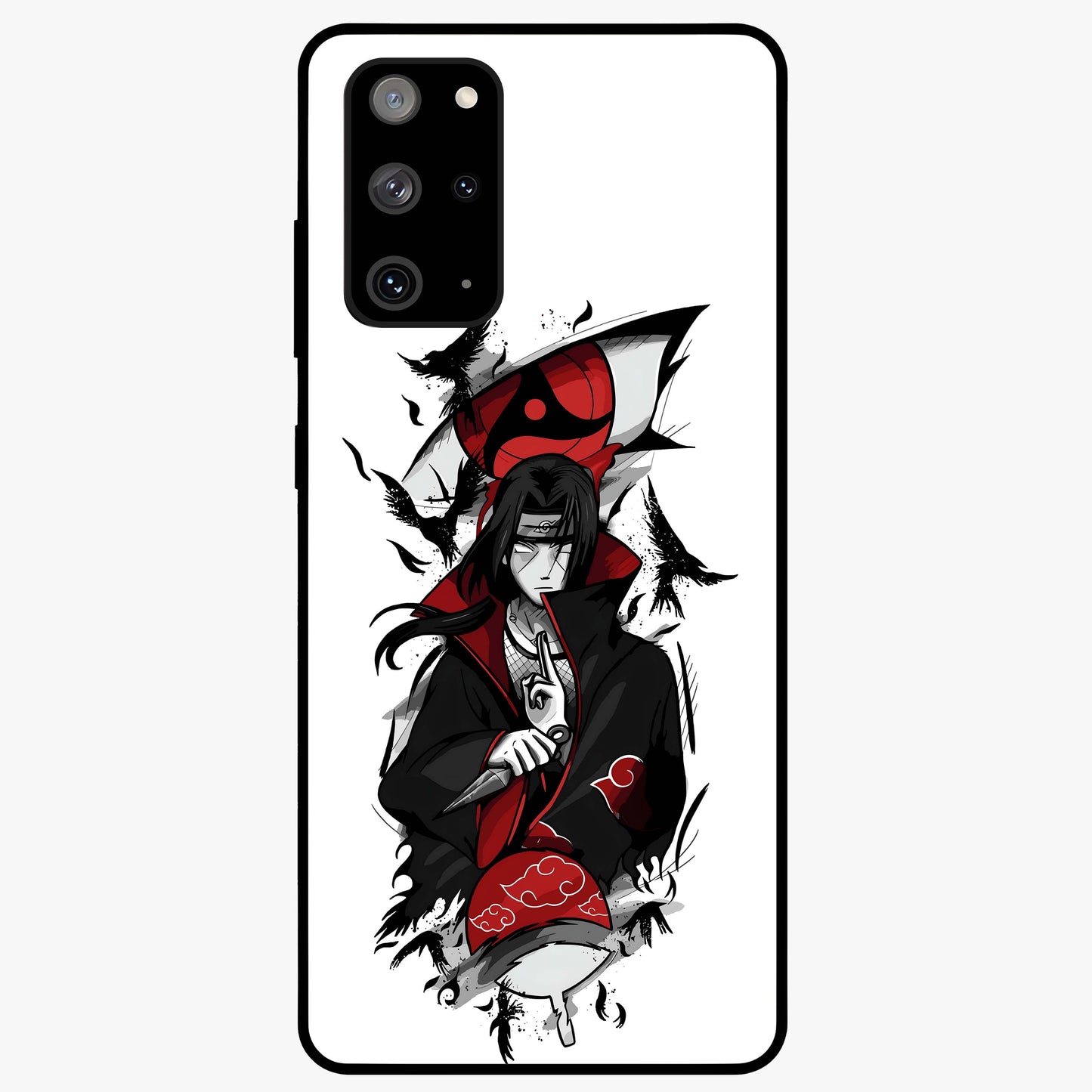 Itachi Sharingan Glass Case showing flat back view with powerful anime eye artwork and glossy glass finish.
