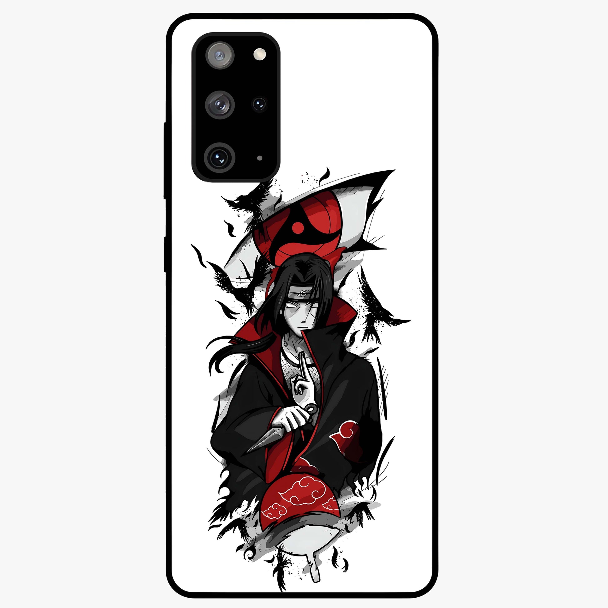 Itachi Sharingan Glass Case showing flat back view with powerful anime eye artwork and glossy glass finish.