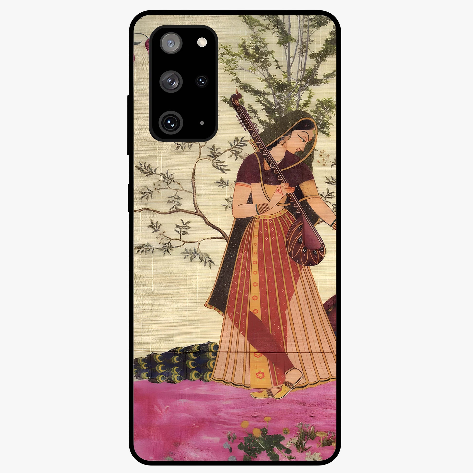 Lady With Veena Art Glass Case showing flat back view with elegant woman playing veena artwork and glossy glass finish.