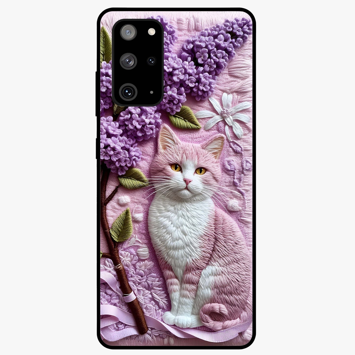 Lavender Cat Whimsy Glass Case showing flat back view with cute lavender cat artwork and glossy glass finish.