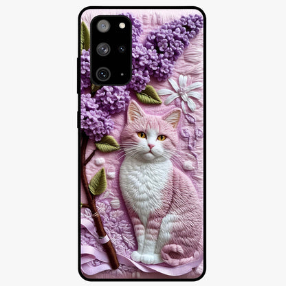 Lavender Cat Whimsy Glass Case showing flat back view with cute lavender cat artwork and glossy glass finish.
