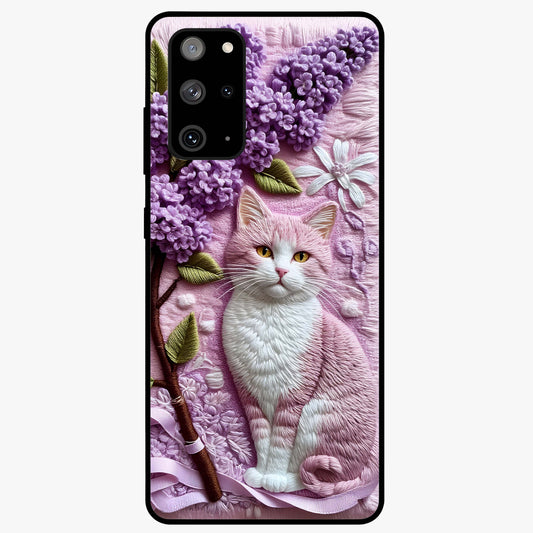 Lavender Cat Whimsy Glass Case showing flat back view with cute lavender cat artwork and glossy glass finish.
