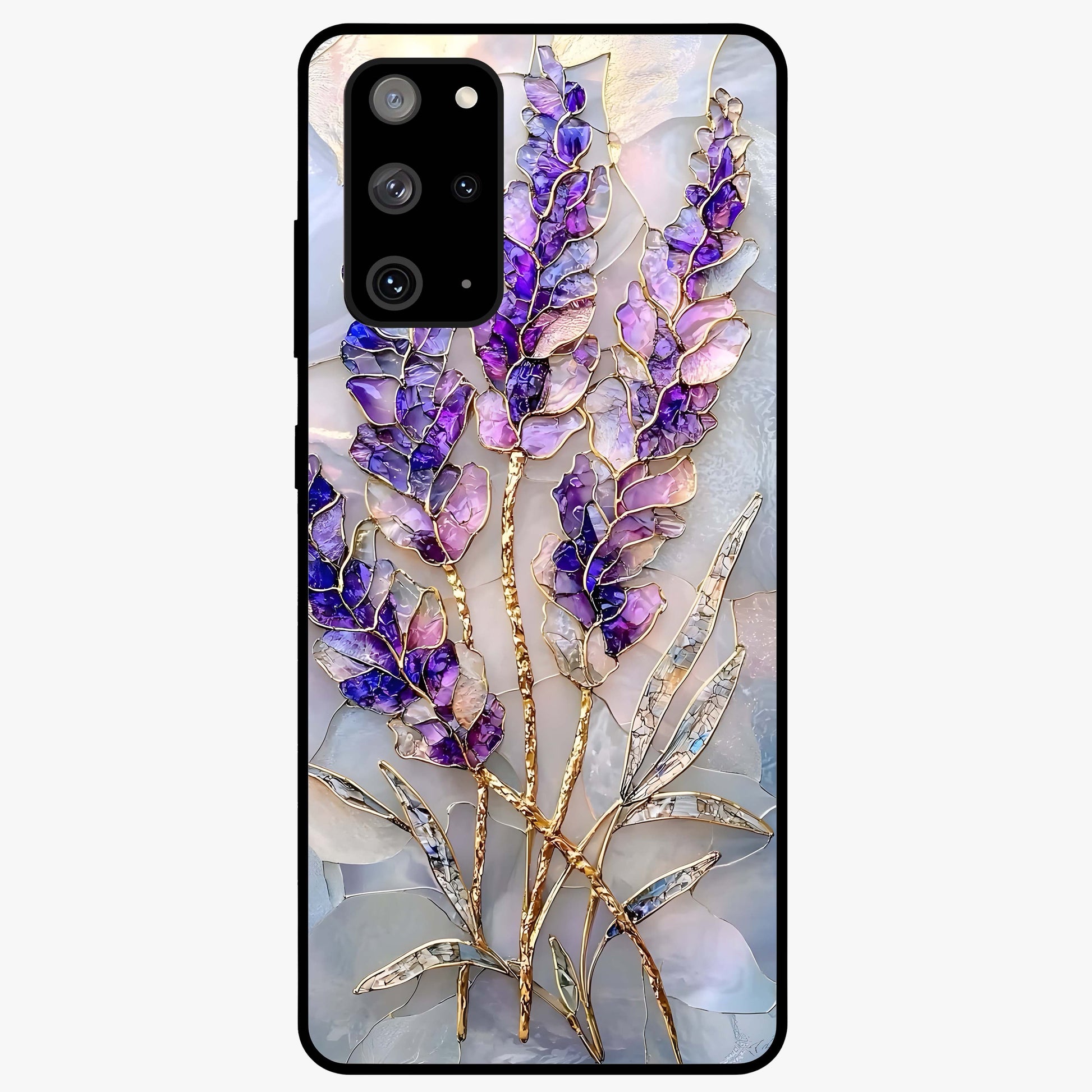 Lavender Dream Glow Glass Case showing flat back view with glowing lavender aesthetic artwork and glossy glass finish.