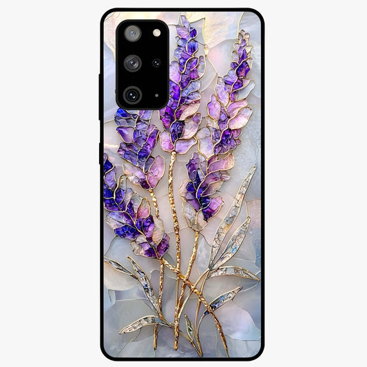 Lavender Dream Glow Glass Case showing flat back view with glowing lavender aesthetic artwork and glossy glass finish.