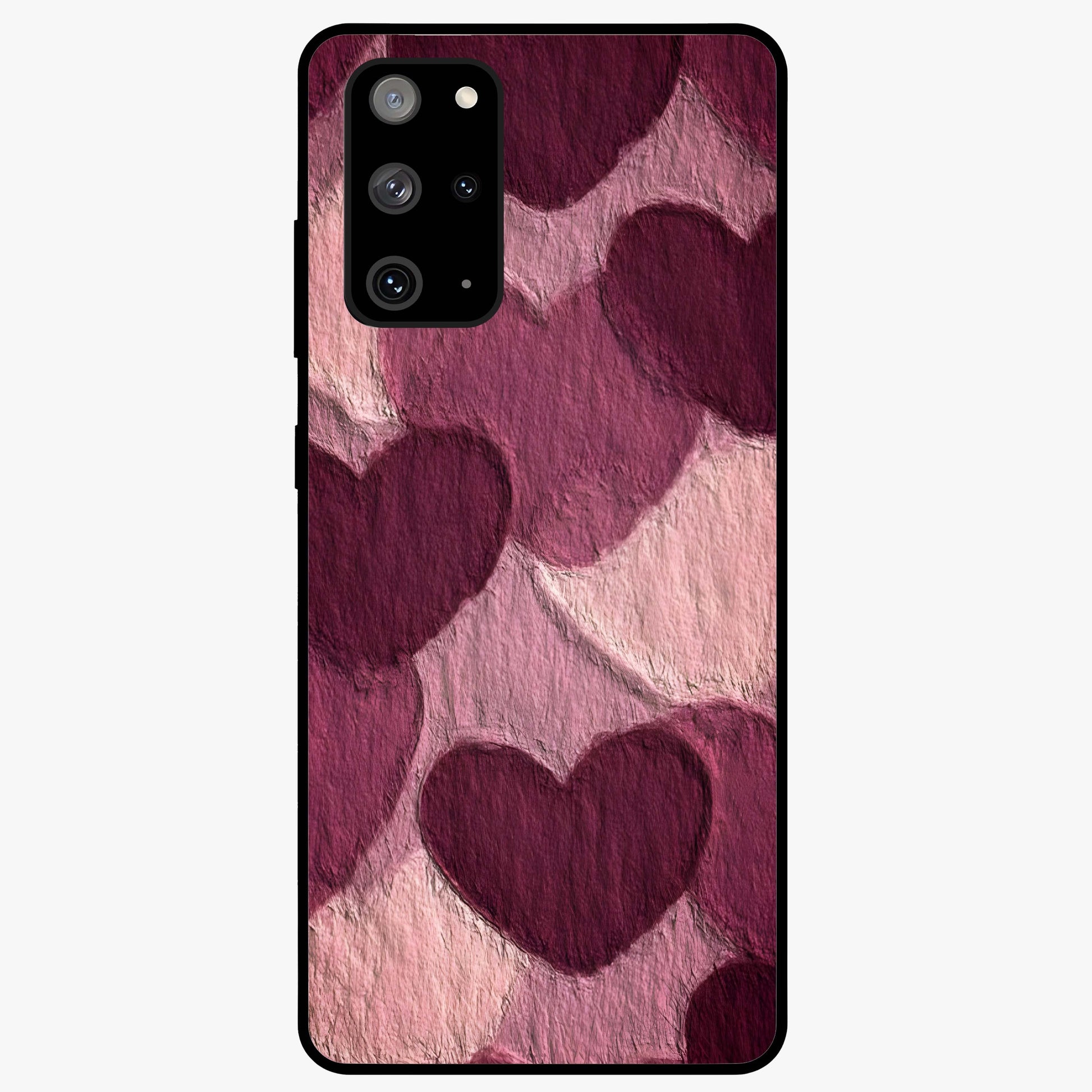 Layered Paper Hearts Glass Case showing flat back view with layered paper heart artwork and glossy glass finish.