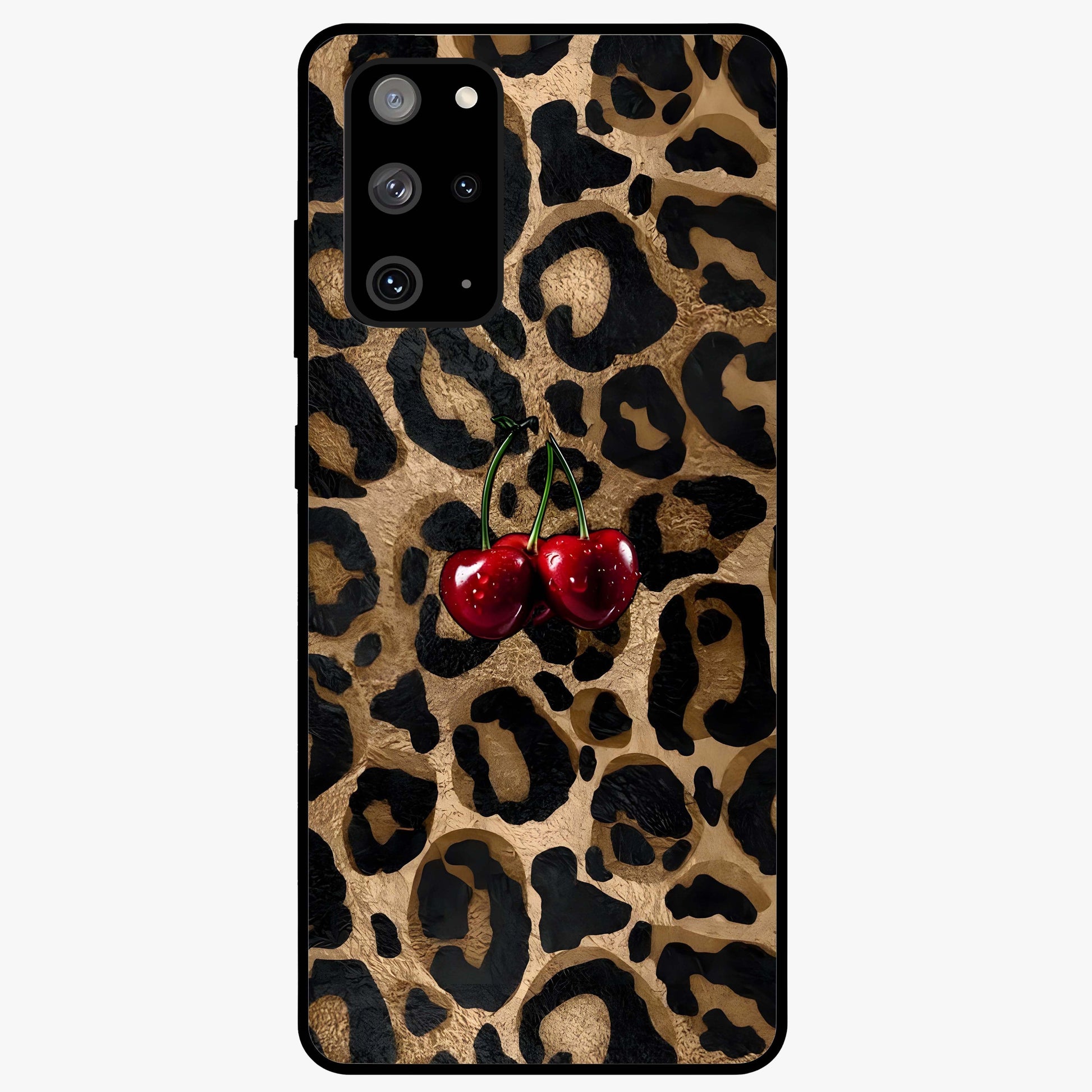 Leopard Wild Cherry Glass Case showing flat back view with leopard pattern and cherry artwork and glossy glass finish.