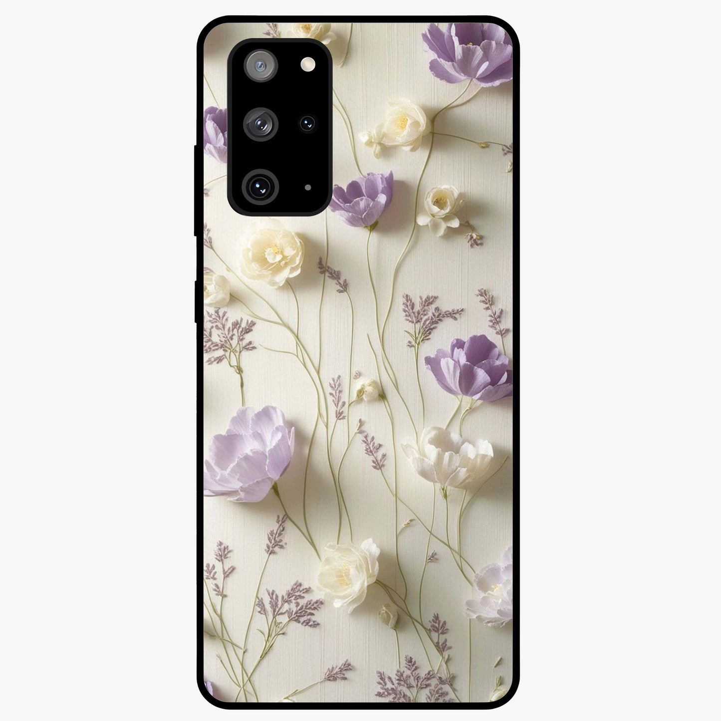 Lilac Breeze Harmony Glass Case showing flat back view with soft lilac themed artwork and glossy glass finish.