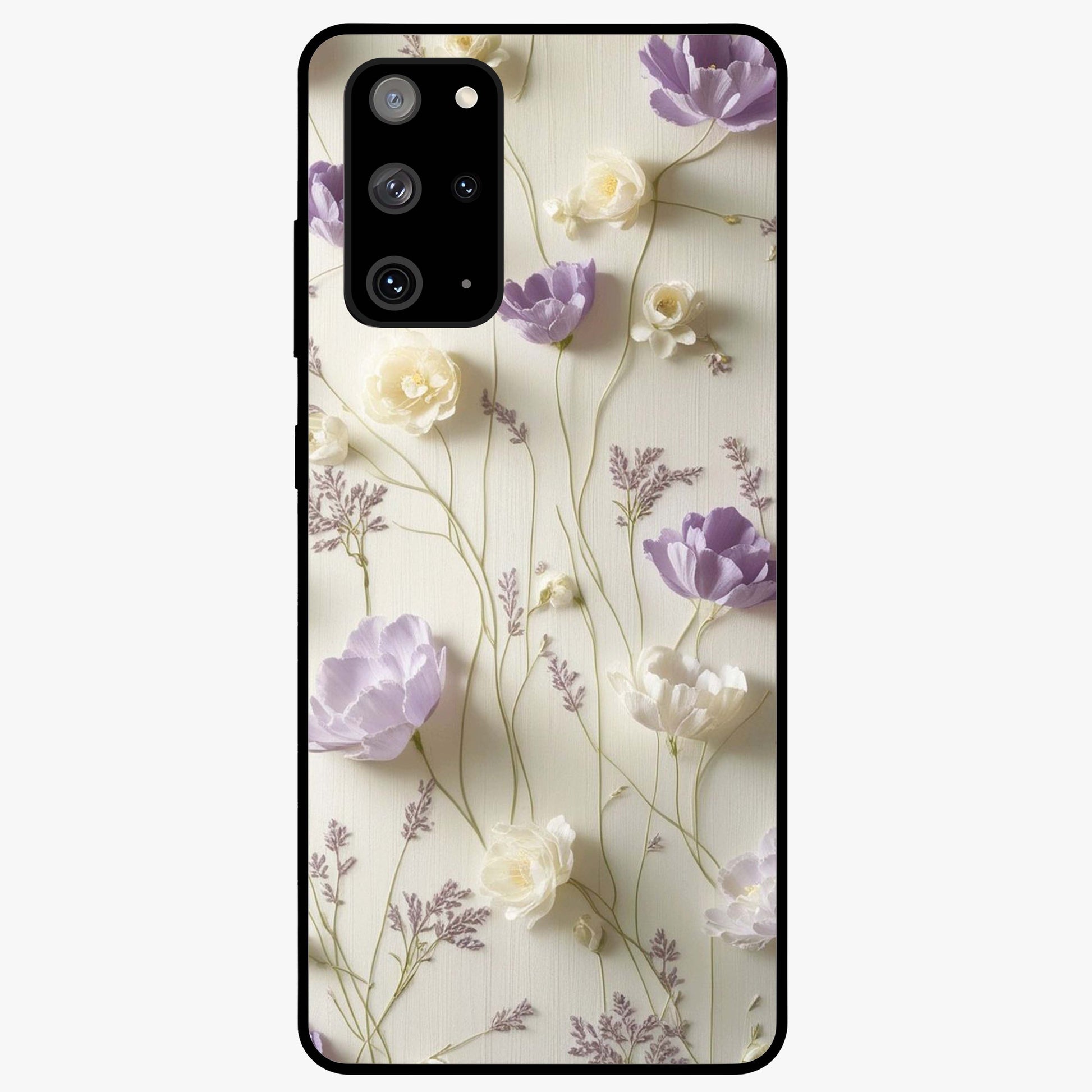 Lilac Breeze Harmony Glass Case showing flat back view with soft lilac themed artwork and glossy glass finish.