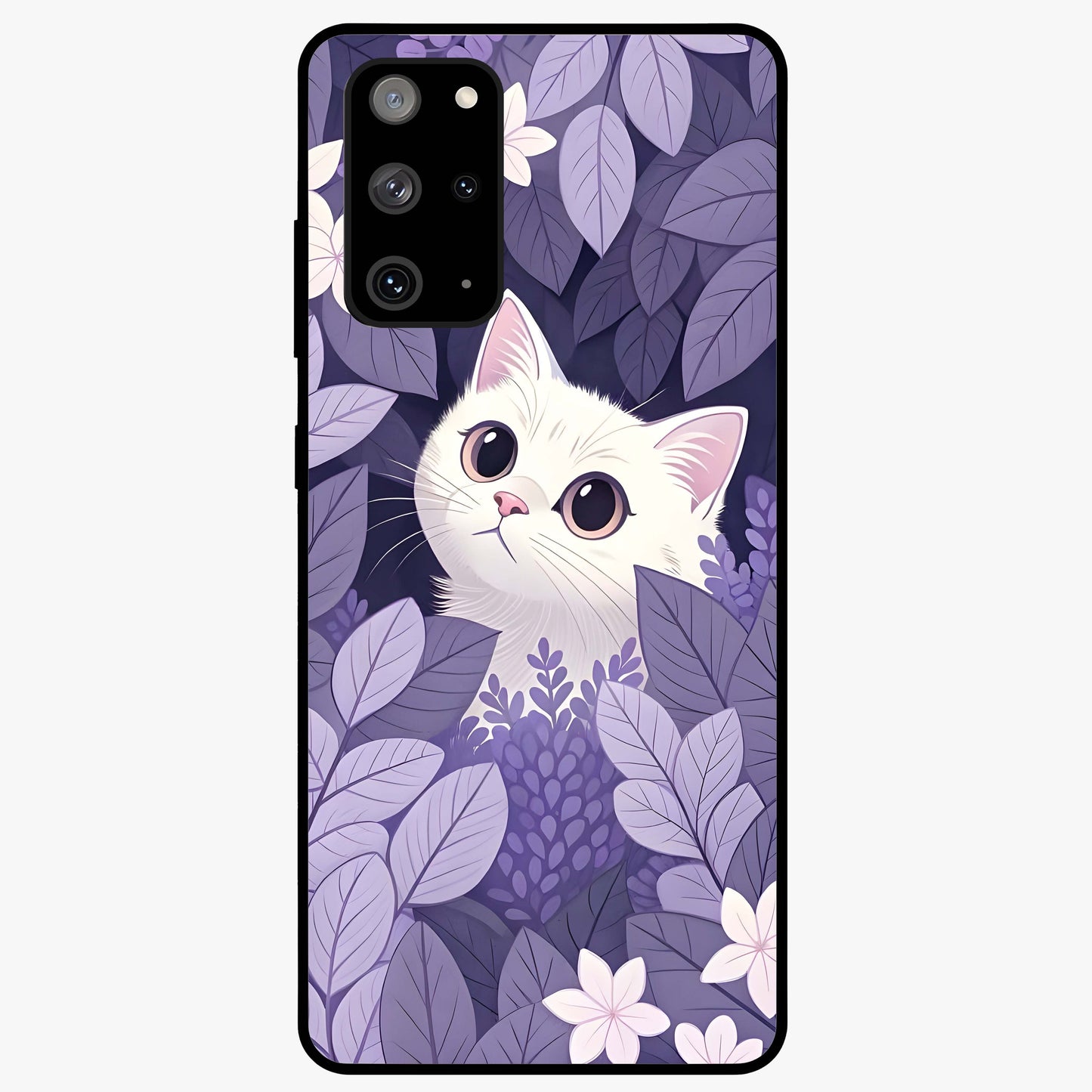 Lilac Hide Peek Cat Glass Case showing flat back view with cute peeking cat artwork and glossy glass finish.