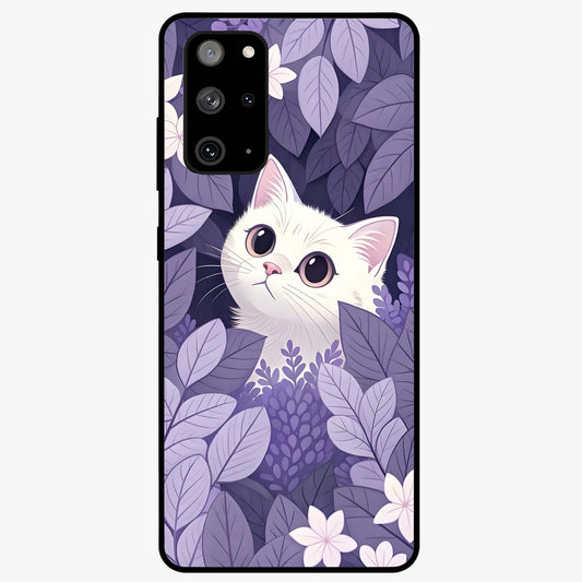 Lilac Hide Peek Cat Glass Case showing flat back view with cute peeking cat artwork and glossy glass finish.