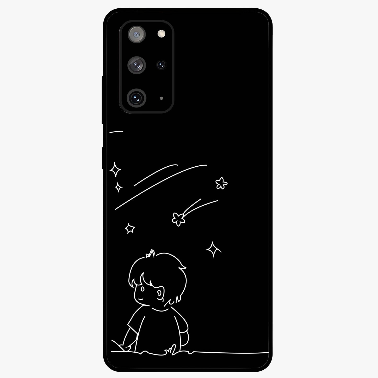 Line Art Boy With Shooting Stars Glass Case showing flat back view with minimal line art boy and shooting stars illustration and glossy glass finish.