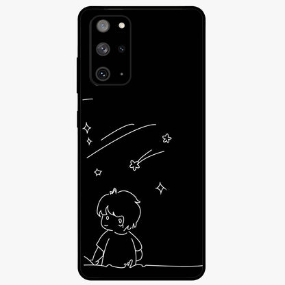 Line Art Boy With Shooting Stars Glass Case showing flat back view with minimal line art boy and shooting stars illustration and glossy glass finish.