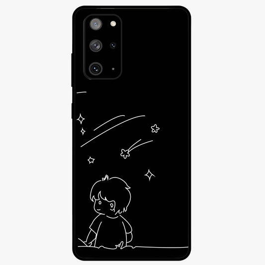 Line Art Boy With Shooting Stars Glass Case showing flat back view with minimal line art boy and shooting stars illustration and glossy glass finish.