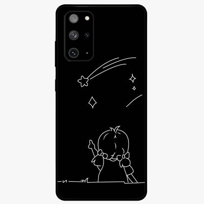Line Art Girl With Shooting Stars Glass Case showing flat back view with minimal line art girl and shooting stars illustration and glossy glass finish.