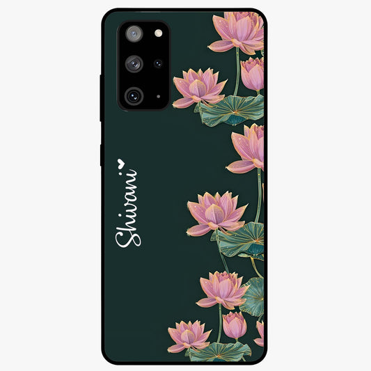 Lotus Bloom Serenity Custom Name Glass Case showing flat back view with elegant lotus flower artwork and personalized name design.