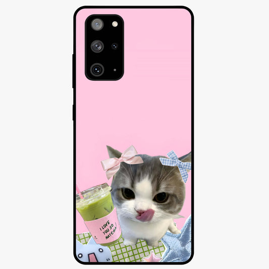 Love Matcha Cat Glass Case showing flat back view with cute cat and matcha themed artwork and glossy glass finish.