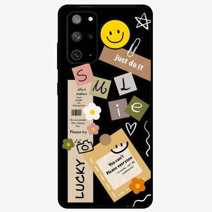 Lucky Aesthetic Collage Glass Case showing flat back view with trendy aesthetic collage artwork and glossy glass finish.