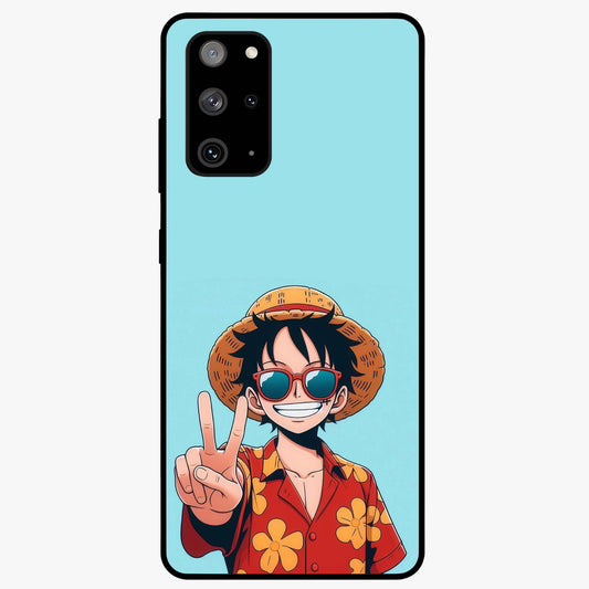 Luffy Summer Anime Vibe Glass Case showing flat back view with vibrant anime character artwork and glossy glass finish.