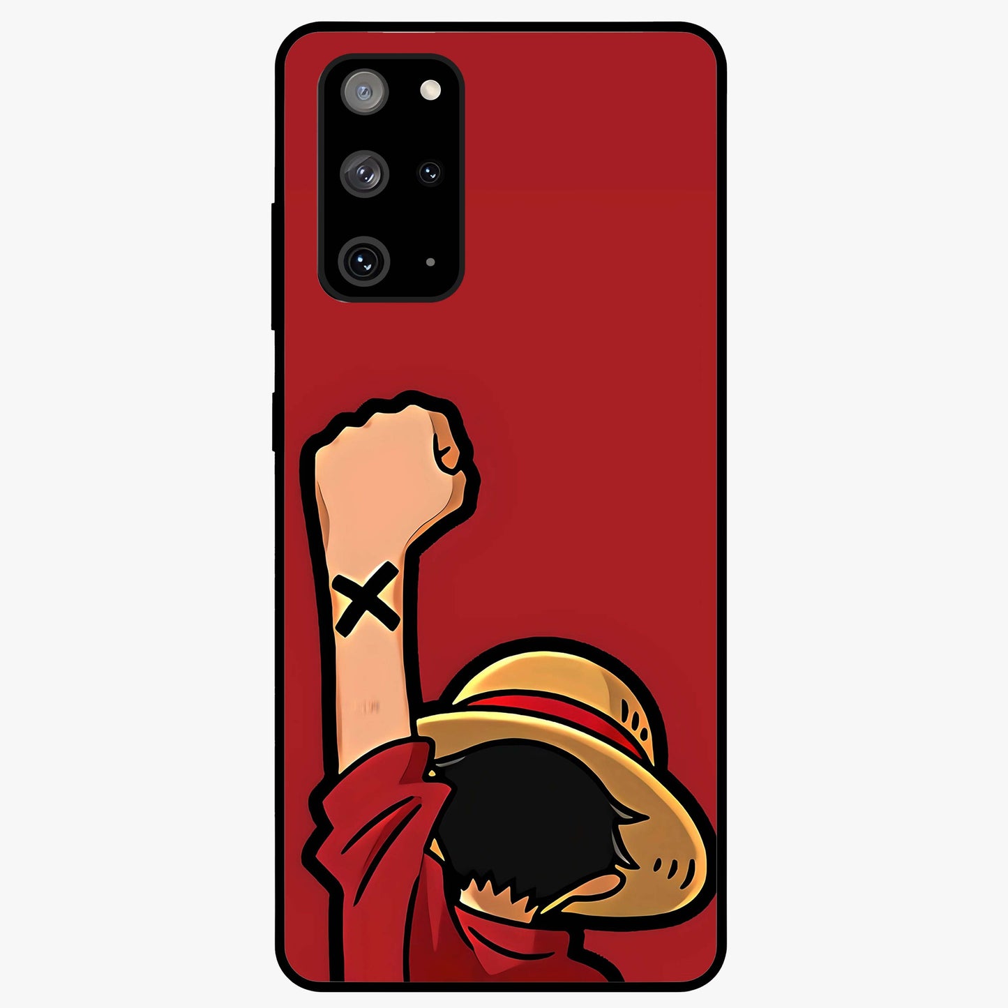 Luffy X Spirit Glass Case showing flat back view with bold anime character artwork and glossy glass finish.