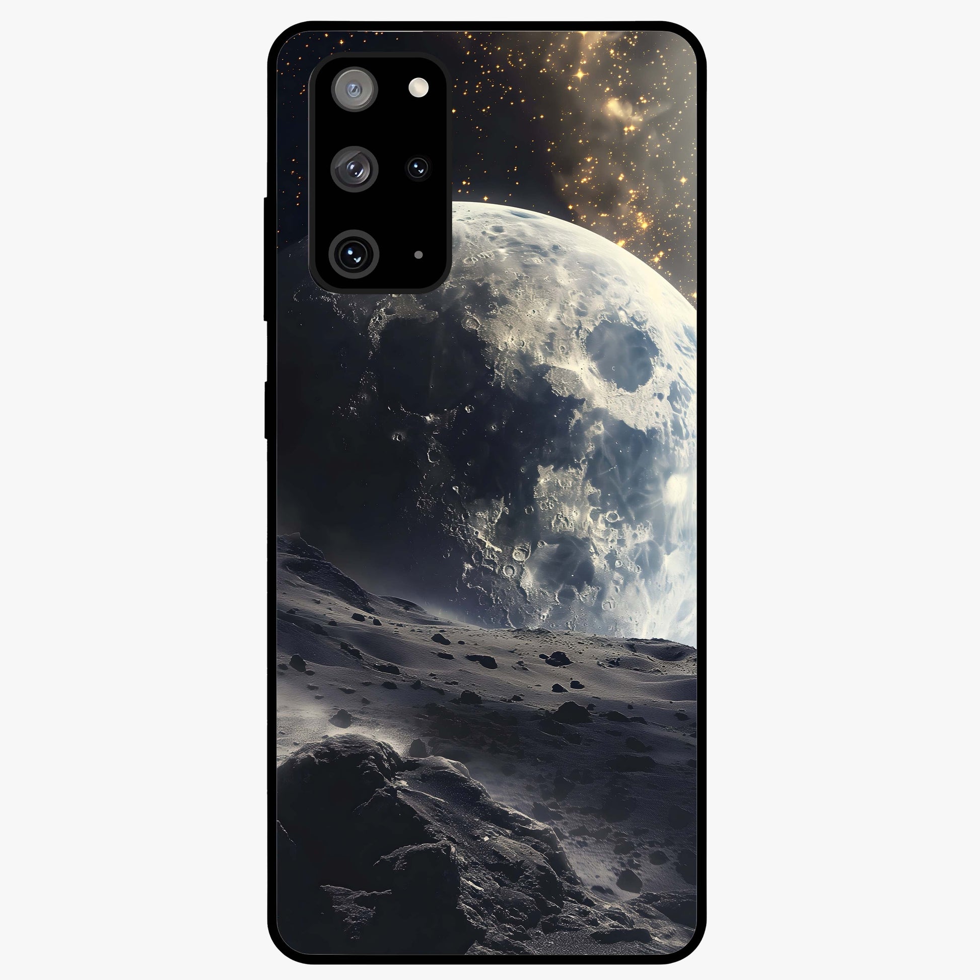 Lunar Horizon Glow Glass Case showing flat back view with glowing moon horizon artwork and glossy glass finish.