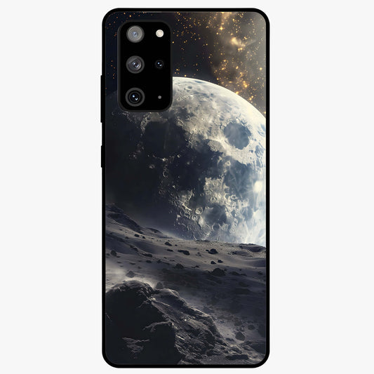 Lunar Horizon Glow Glass Case showing flat back view with glowing moon horizon artwork and glossy glass finish.
