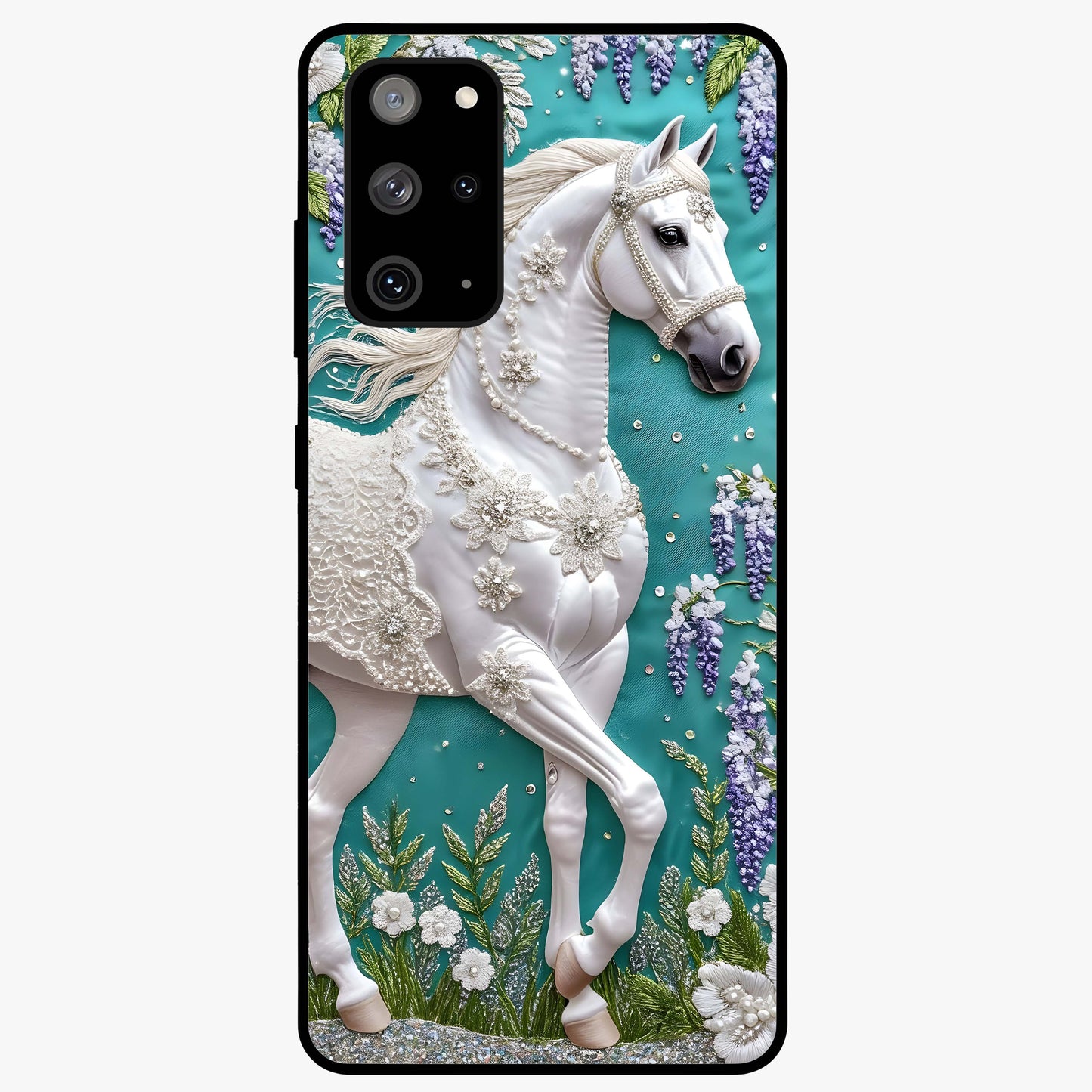Majestic Floral Stallion Glass Case showing flat back view with powerful horse and floral artwork and glossy glass finish.