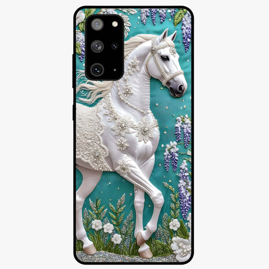 Majestic Floral Stallion Glass Case showing flat back view with powerful horse and floral artwork and glossy glass finish.