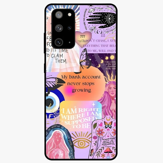 Manifestation Collage Glass Case showing flat back view with motivational collage artwork and glossy glass finish.
