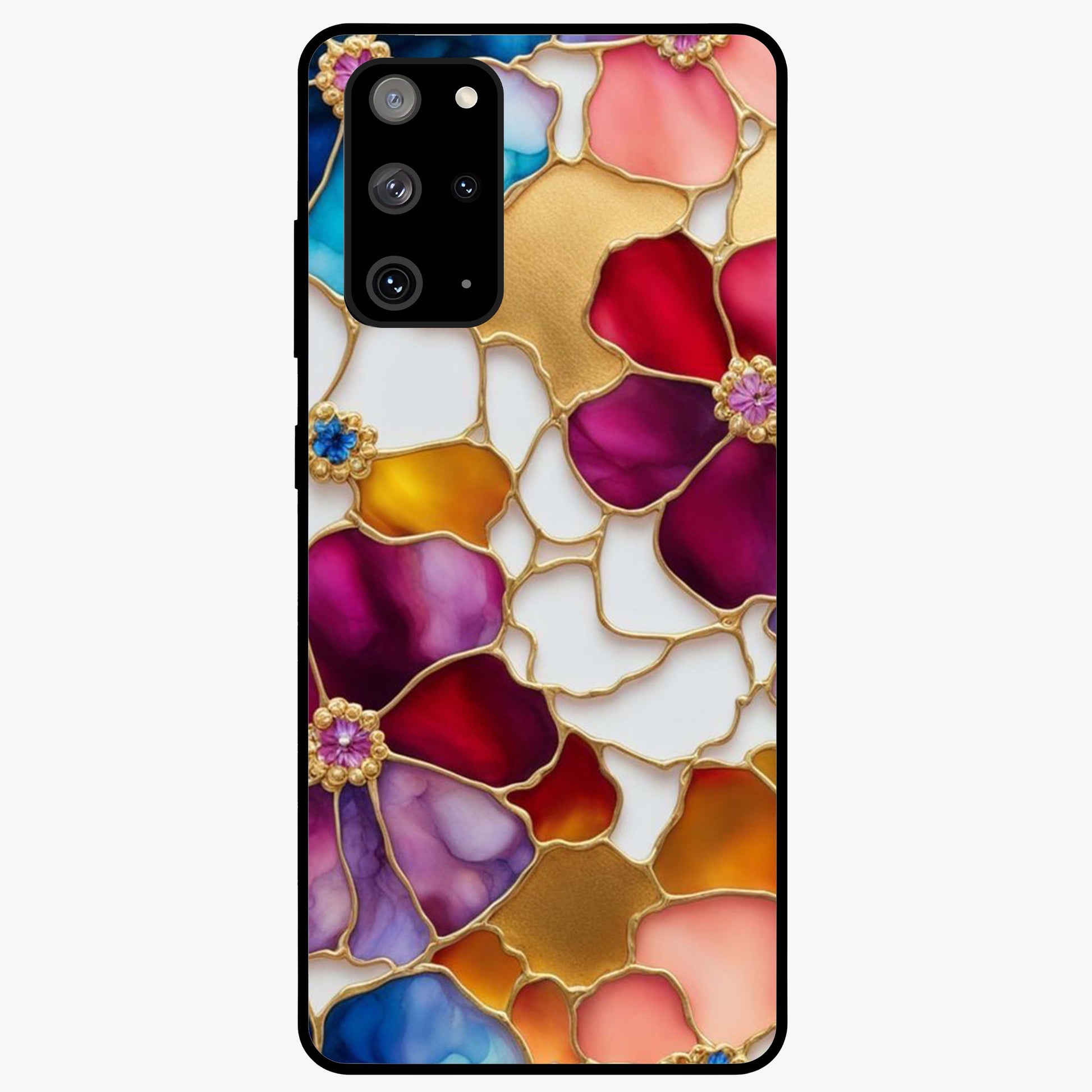 Marble Flower Pattern Glass Case showing flat back view with marble texture floral artwork and glossy glass finish.