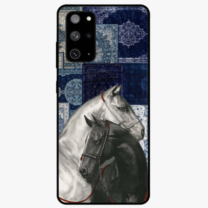 Midnight Stallion Blues Glass Case showing flat back view with majestic horse artwork and glossy glass finish.
