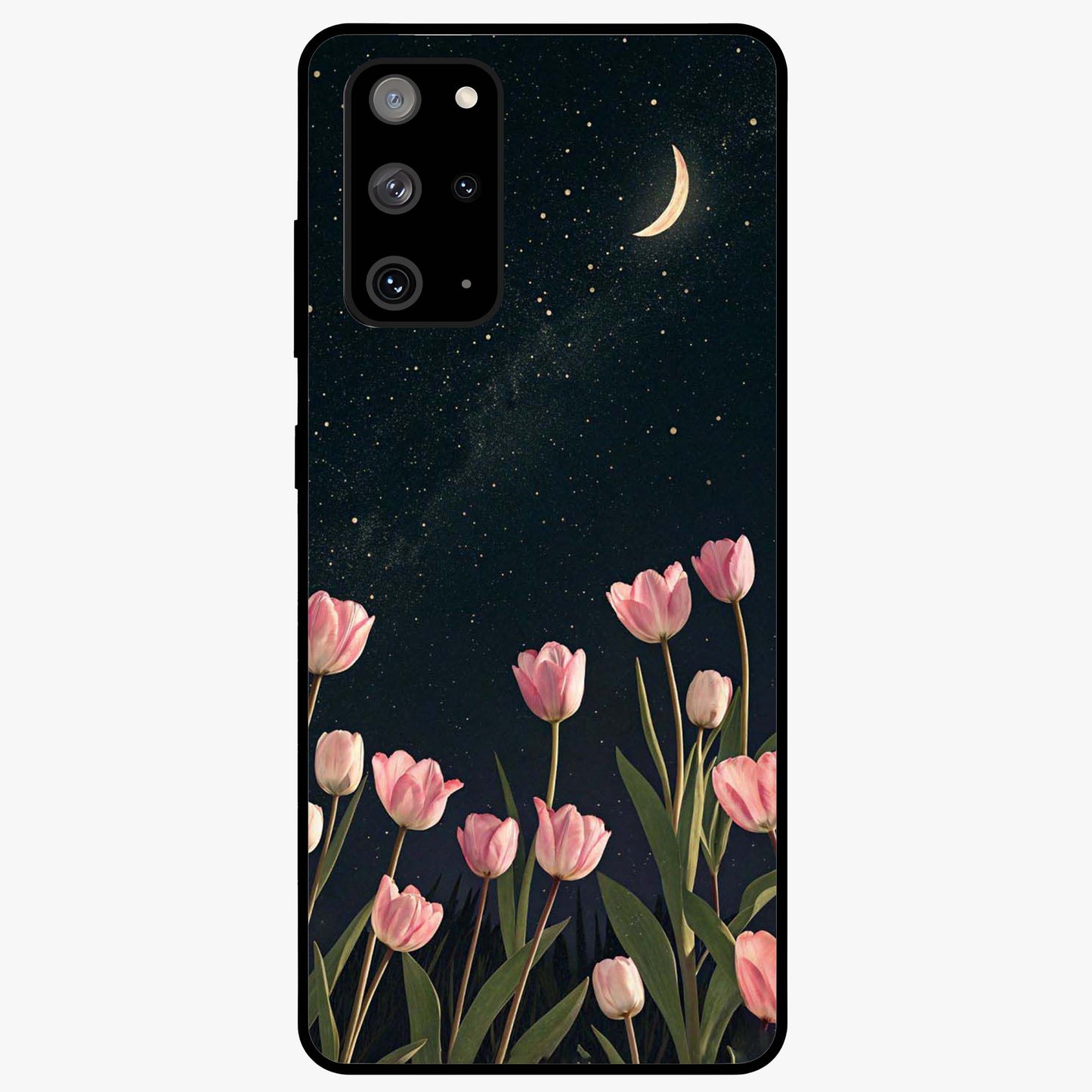 Midnight Tulip Whispers Vibe Glass Case showing flat back view with elegant tulip flower artwork and glossy glass finish.
