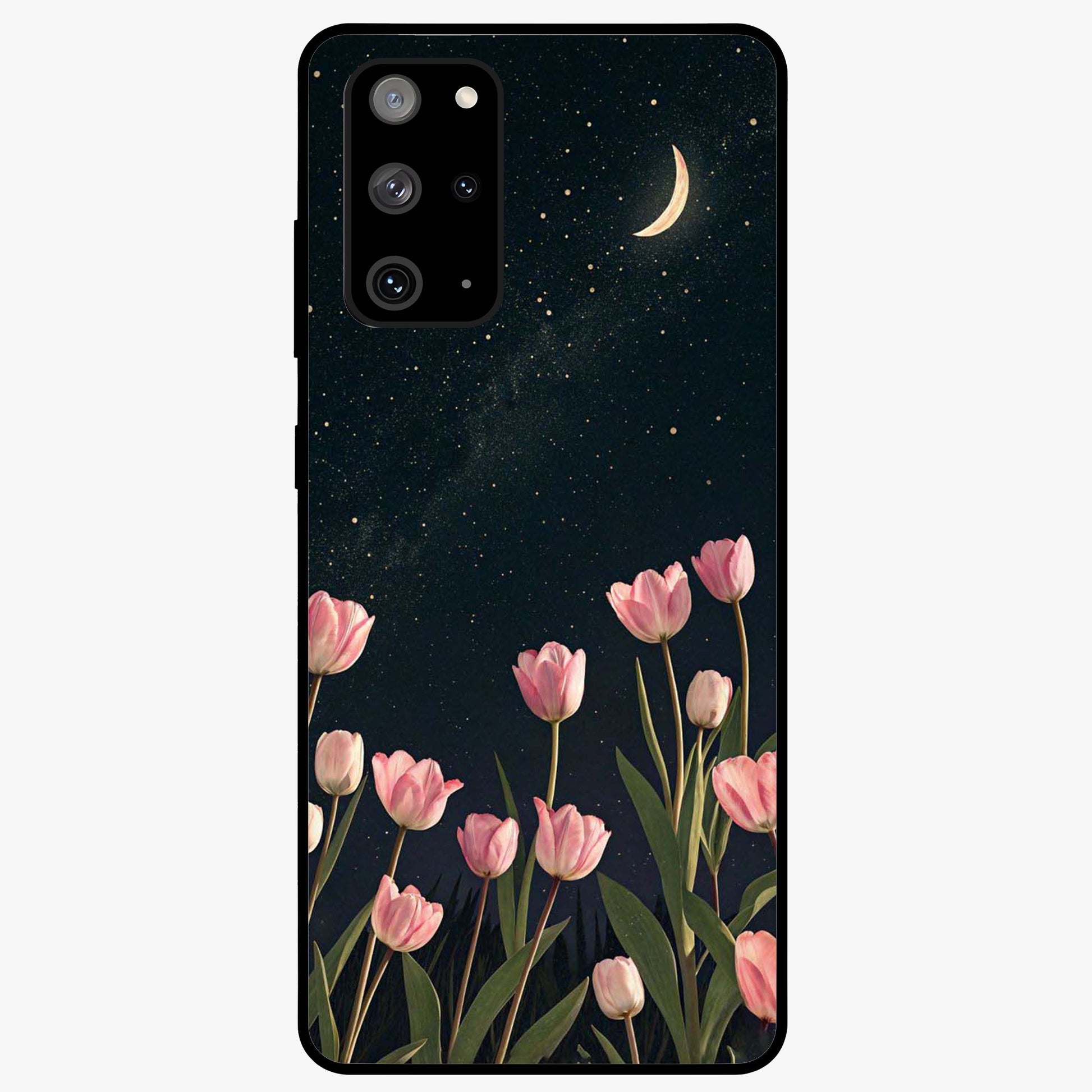Midnight Tulip Whispers Vibe Glass Case showing flat back view with elegant tulip flower artwork and glossy glass finish.