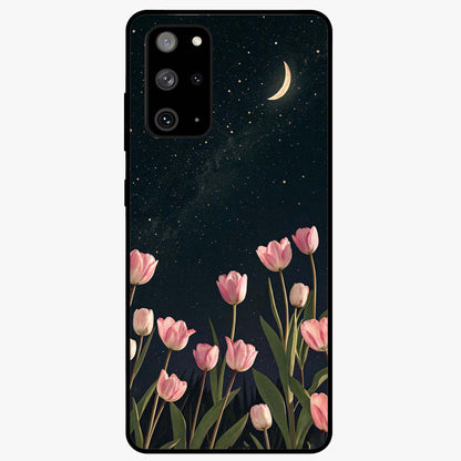Midnight Tulip Whispers Vibe Glass Case showing flat back view with elegant tulip flower artwork and glossy glass finish.